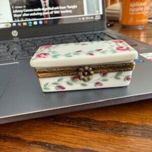 Painted roses Limoge trinket box with ballerina slippers inside